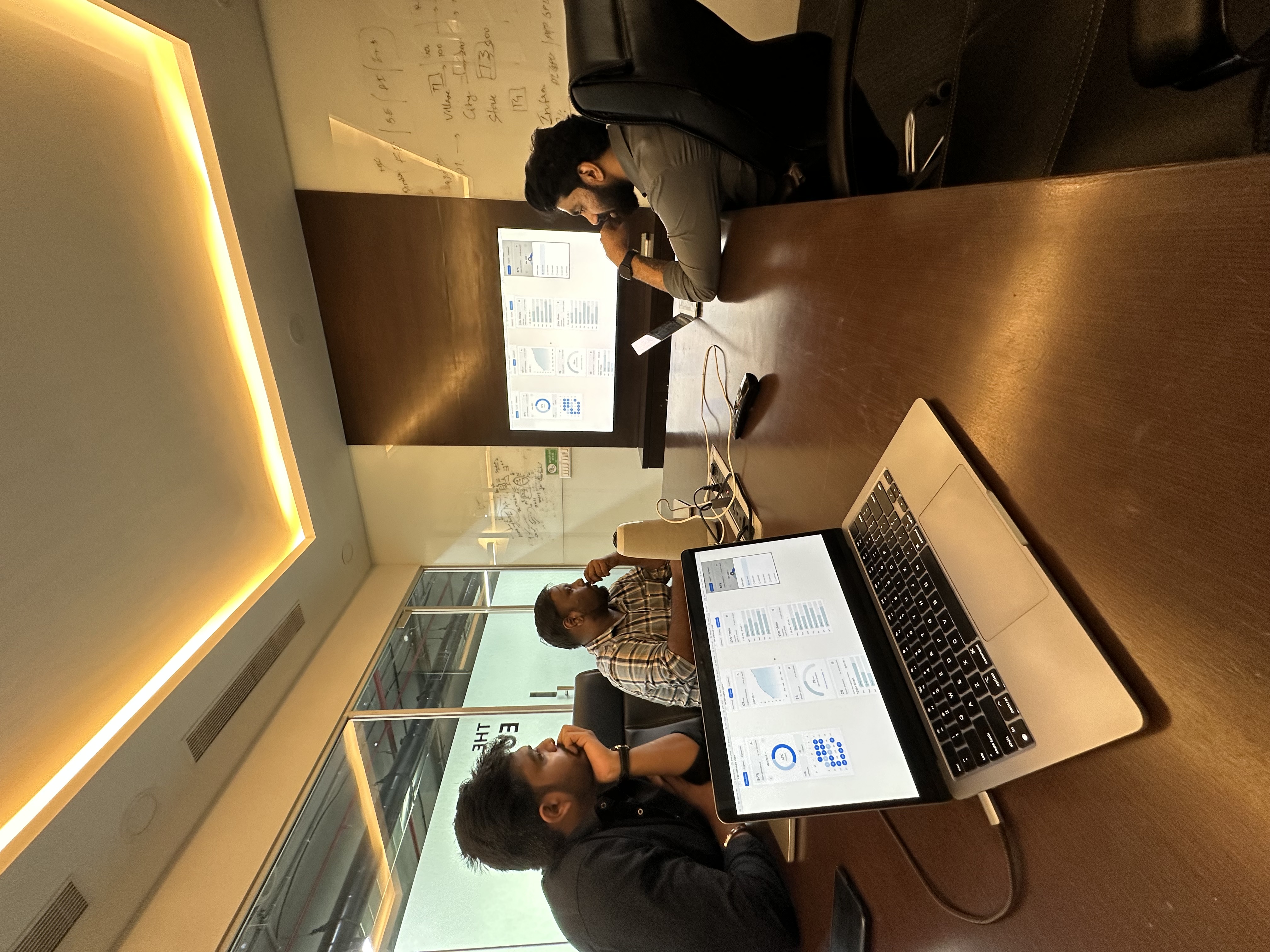 Reviewing dashboard analytics on screen with campus scaling on the whiteboard